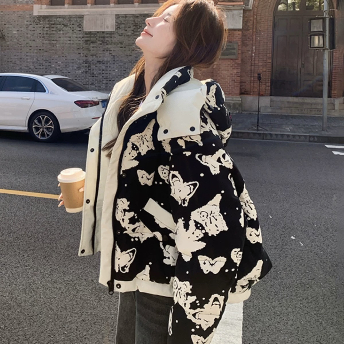 2025冬季潮牌蝴蝶印花拼接可脱卸帽花色ins加厚外套保暖羽绒服