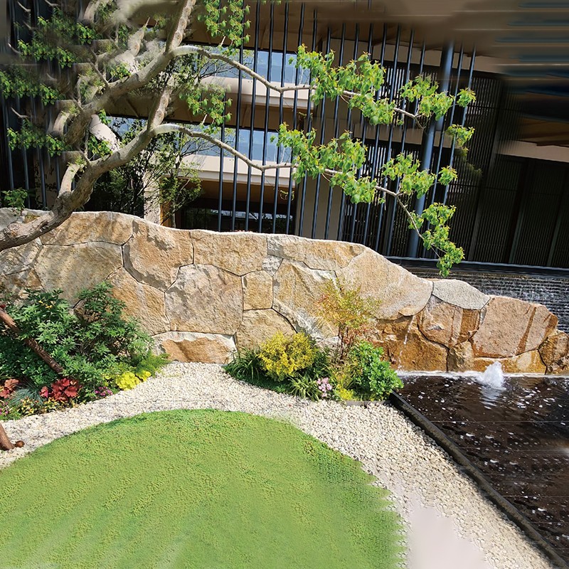 柏坡黄石头墙面日式不规则碎拼太行金景石园林别墅铺路石造景定制