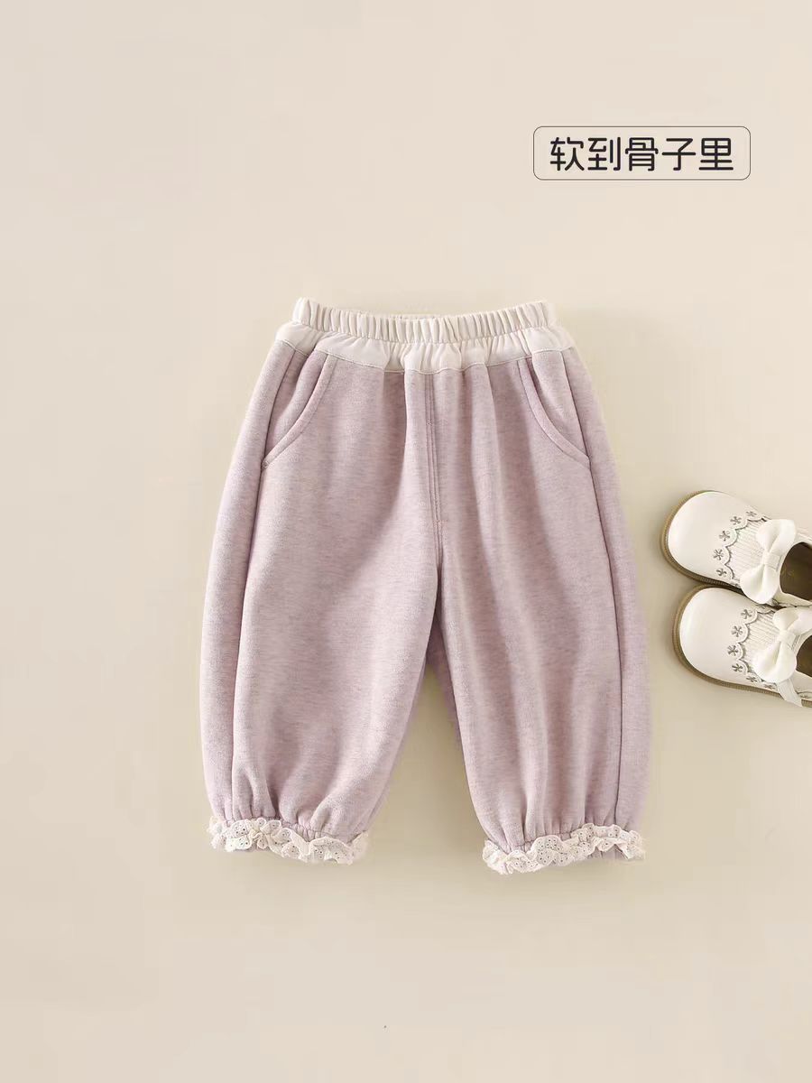 加绒女小童外穿秋冬加绒花边裤子一体绒卫裤百搭小女孩休闲长裤潮