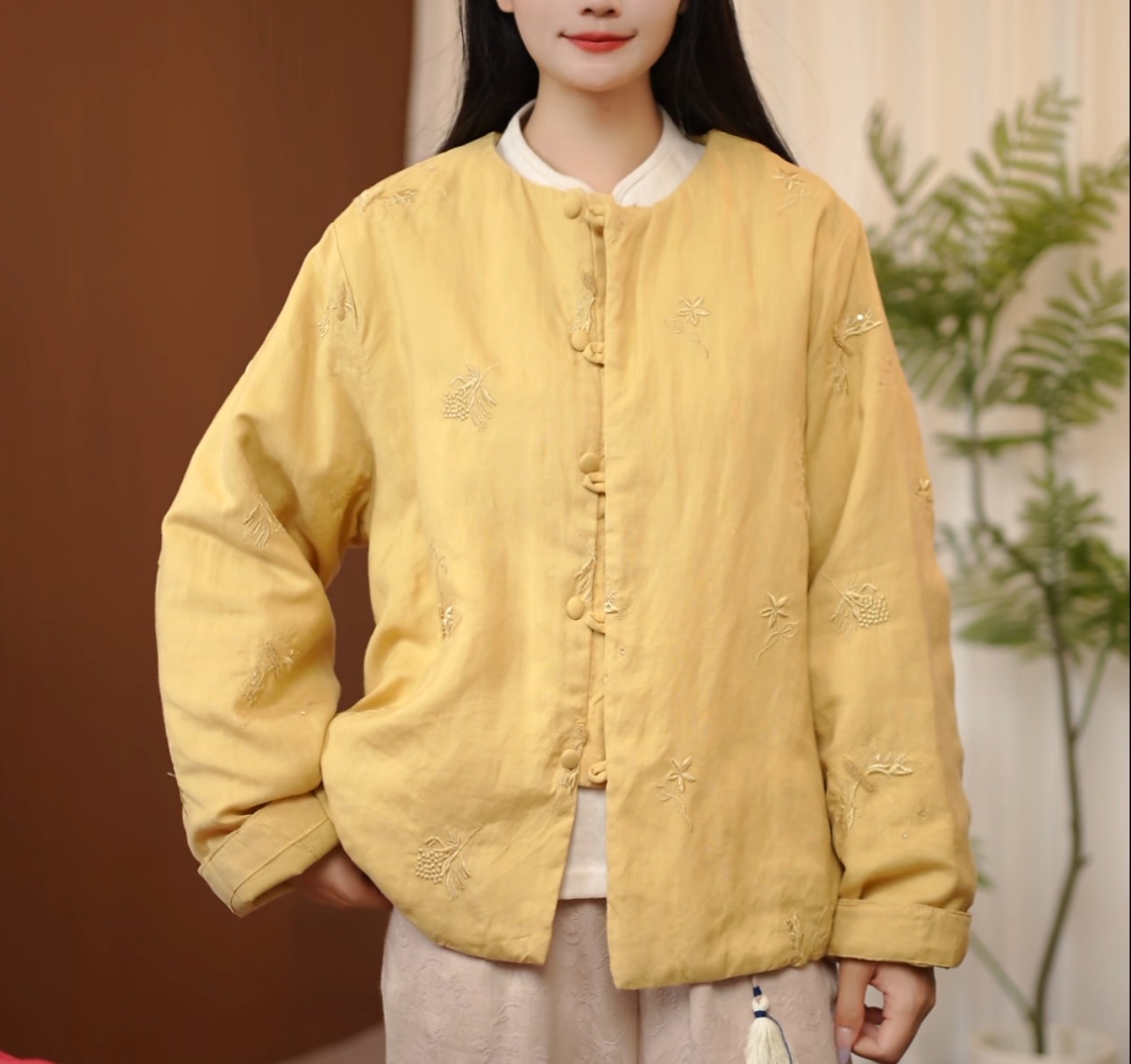 千禧国风【蝶韵】100纯亚麻刺绣棉服外套女2025秋冬新款时尚女士