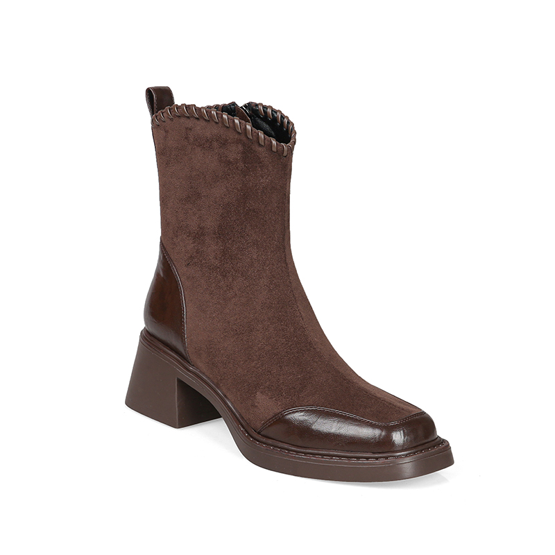 靴子女鞋网红爆款2025冬季新款磨砂皮拼接方头显瘦粗跟短靴636