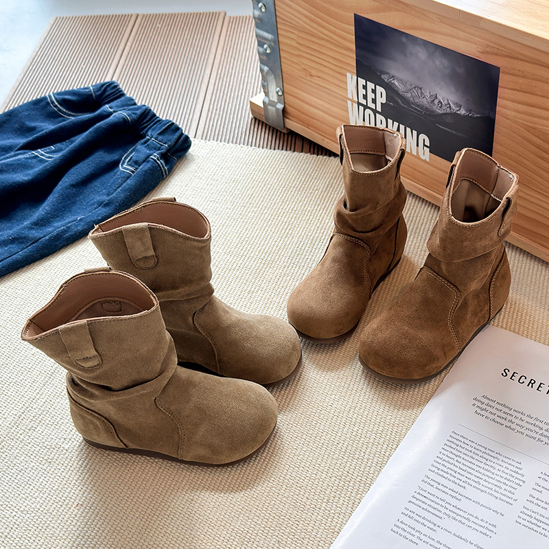 女童秋冬款复古堆堆靴女宝宝韩版洋气加绒百搭西部靴儿童靴子童鞋