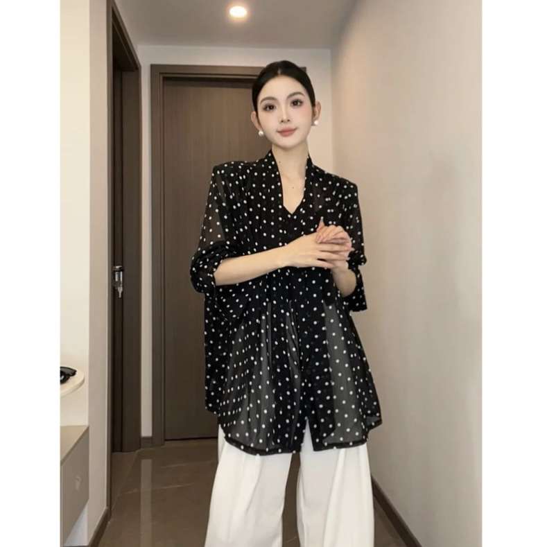 2025早秋新款复古法式蝴蝶结波点衬衫女宽松慵懒感气质上衣