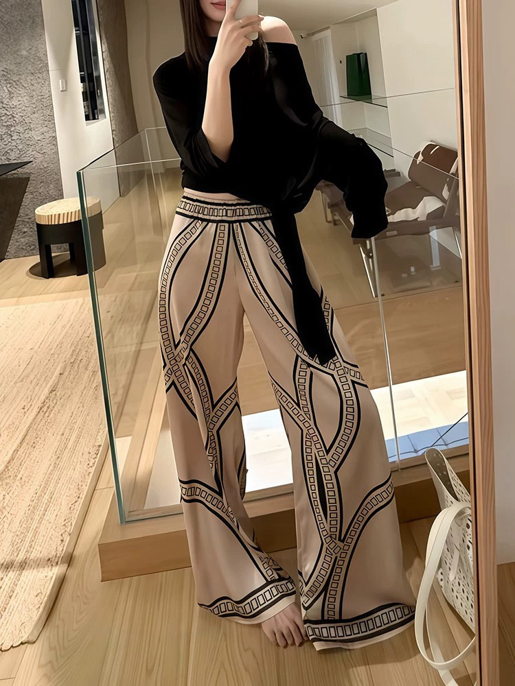  法式印花醋酸缎面高腰显瘦百搭休闲裤