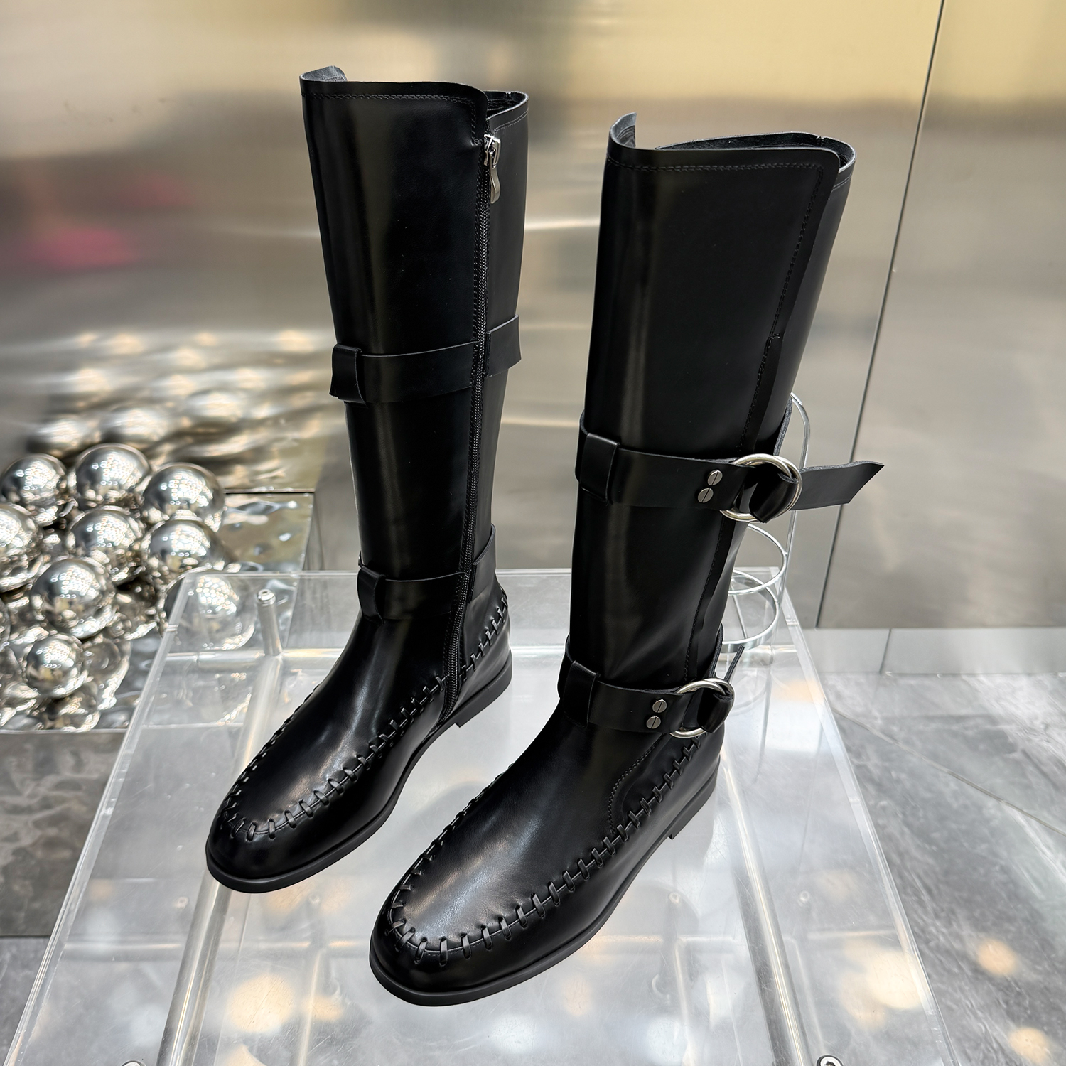 2025秋冬季新款机车不过膝骑士靴纯皮复古编织高筒长靴子女8706-2