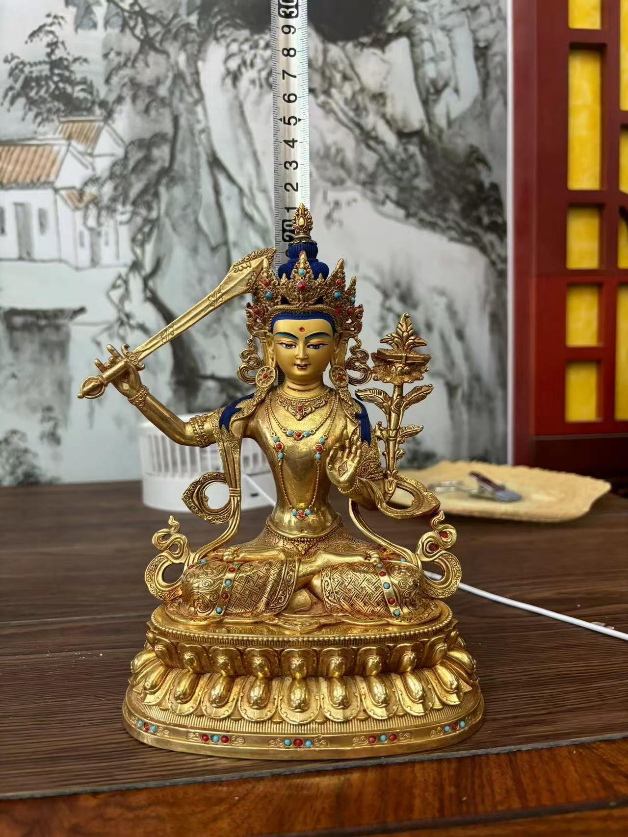 藏传密宗7寸精工文殊菩萨铜像纯手工招财鎏金佛像工艺品小7寸家用