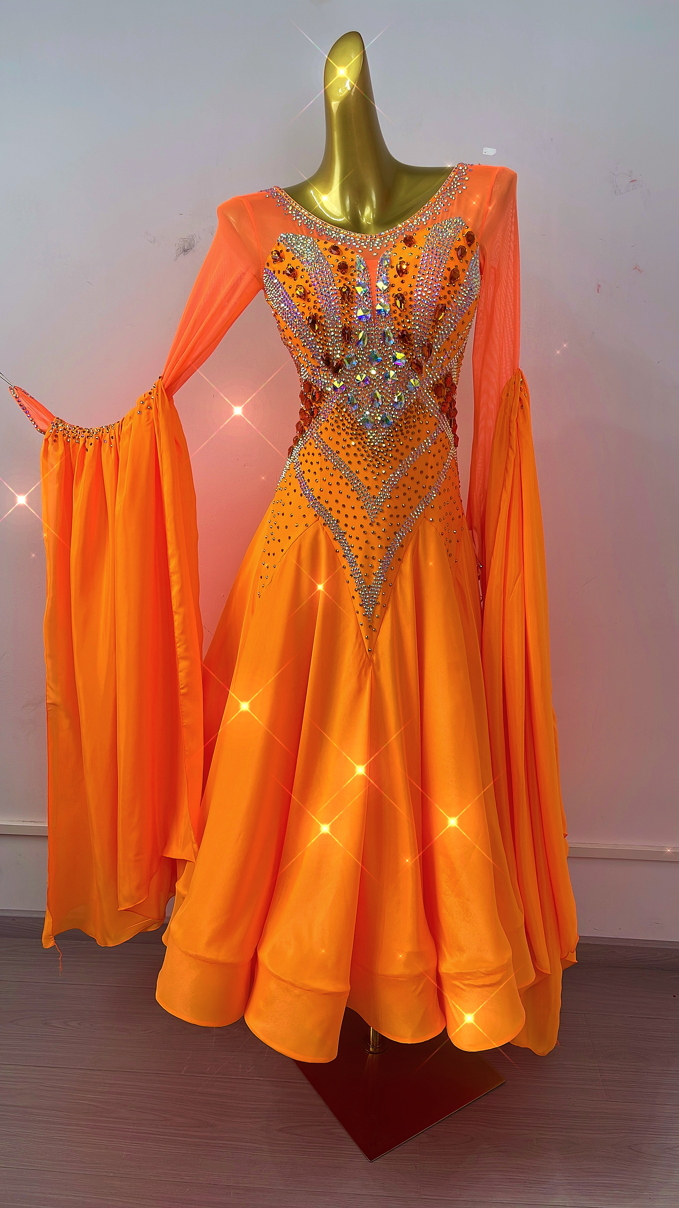 舞依阁高档定制款橘色进口料摩登舞裙国标华尔兹交谊舞定制连衣裙
