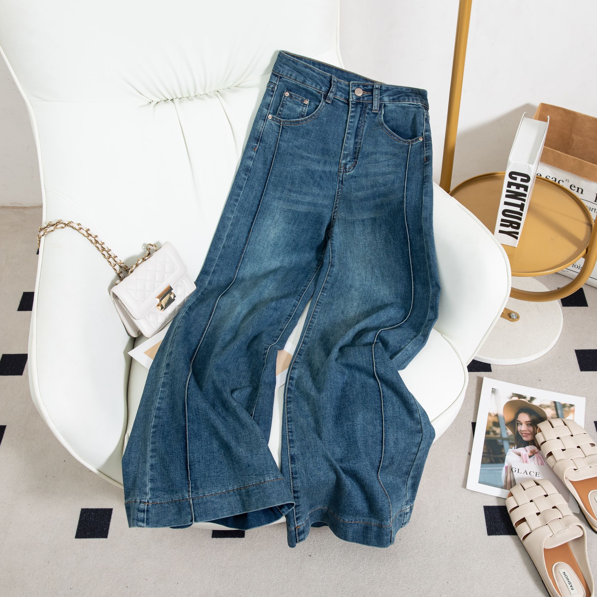 冬季加绒新款高腰阔腿裤微喇牛仔裤秋季女新款修身宽松显瘦裤子女