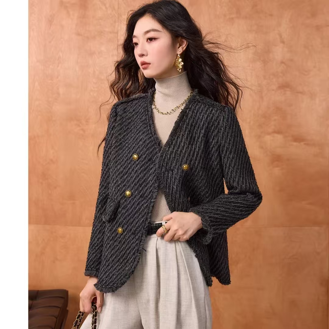 D629新款2025秋季小香风气质双排扣长袖女外套优雅百搭休闲女上衣