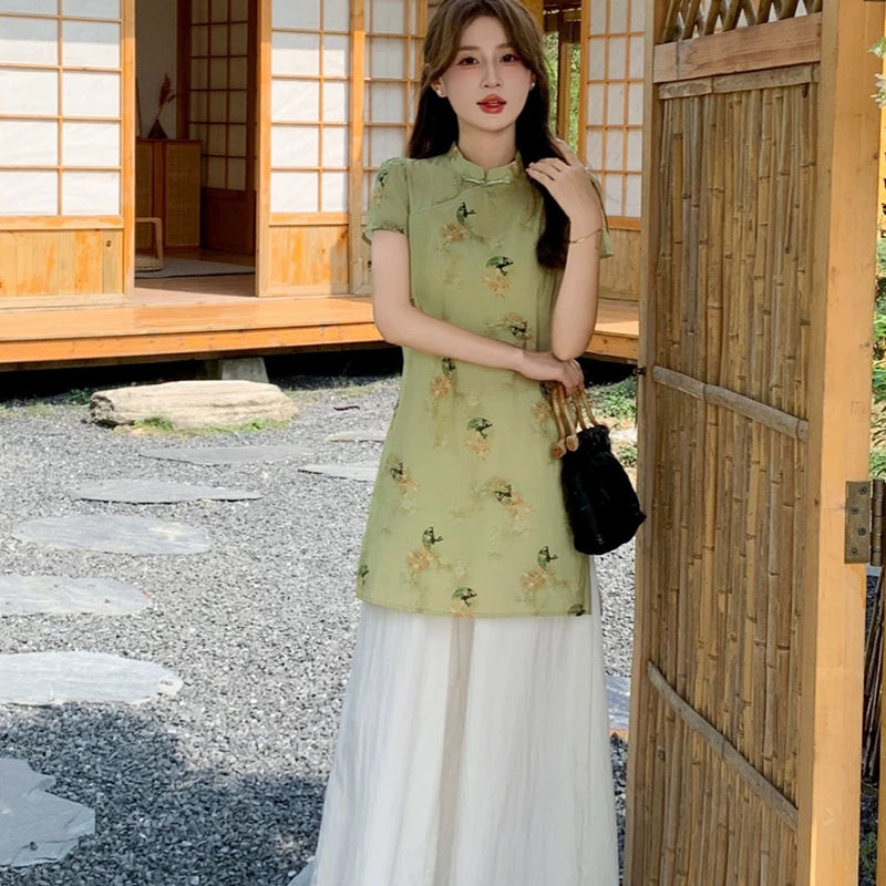 新中式国风套装女2025夏季新款阔腿裤洋气显瘦减龄改良旗袍两件套