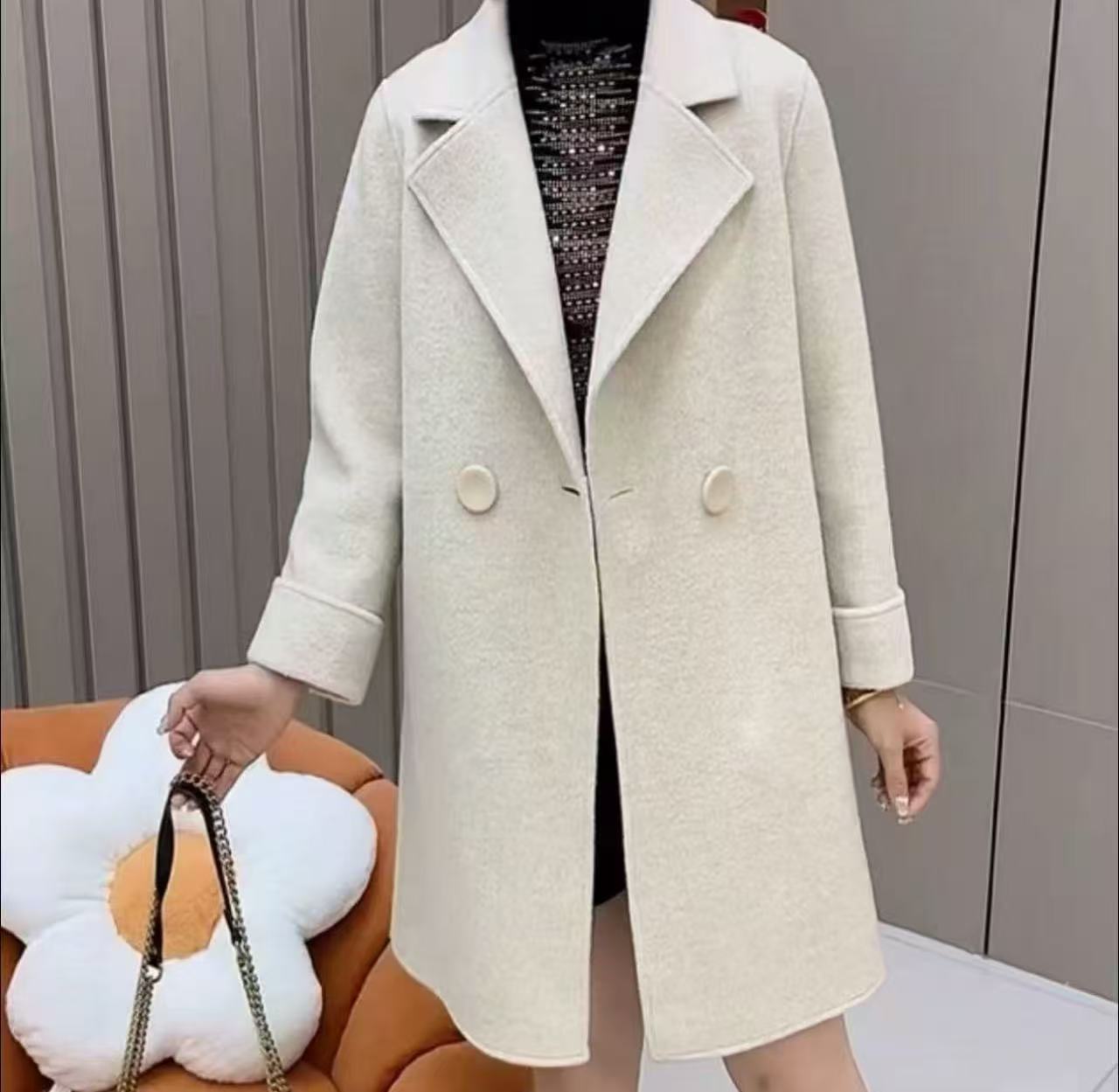 【嘉丽专属】中长款遮肉简约风毛呢外套双面呢女装呢大衣6932款