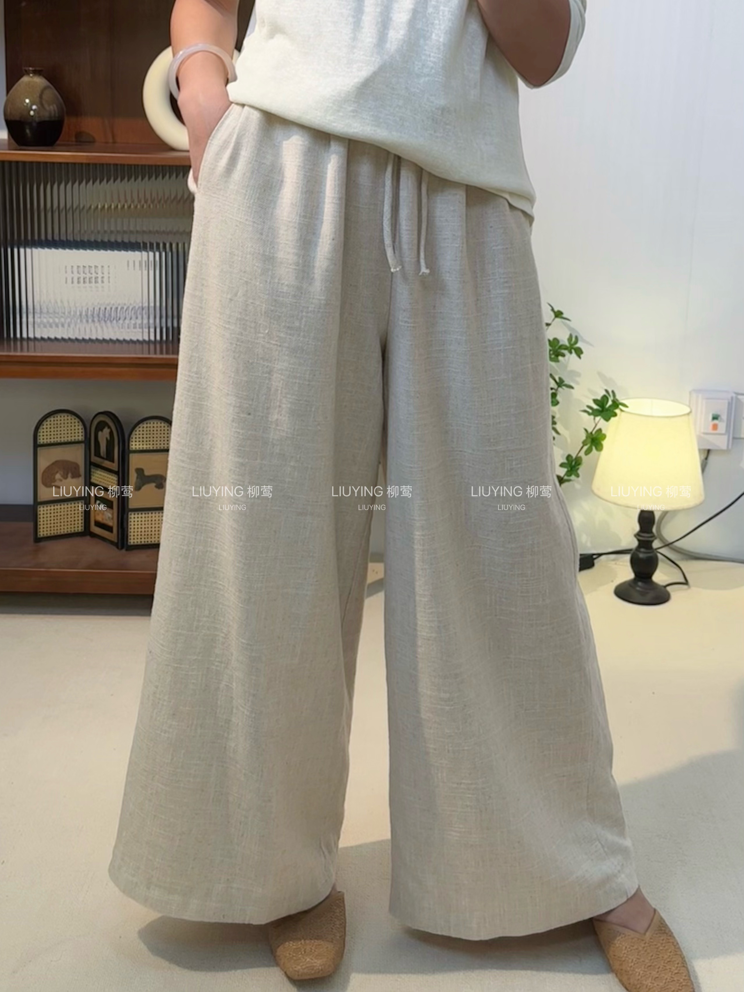「柳莺」【萍玉】秋季新品苎麻棉双层百搭纯色宽松版气质阔腿裤长裤