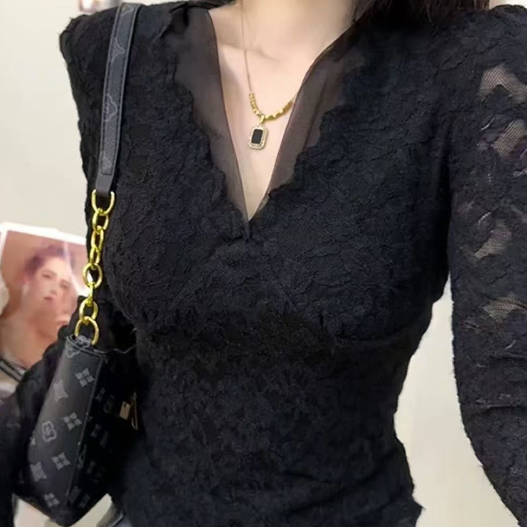 高级感V领磨毛加绒性感百搭蕾丝打底衫
