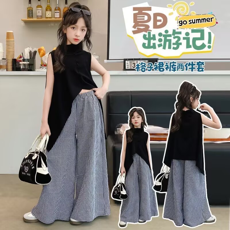 女童夏装套装2024新款夏季儿童休闲洋气中大童格子阔腿裤两件套潮