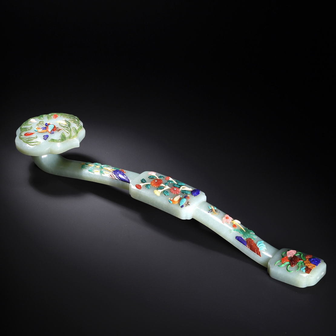 和田玉百宝嵌花鸟纹如意 白玉摆件