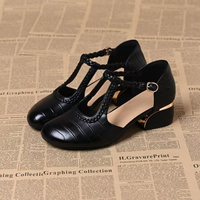 2025夏季新款罗马风编织中粗跟半包头凉鞋女方头复古小高跟女鞋子