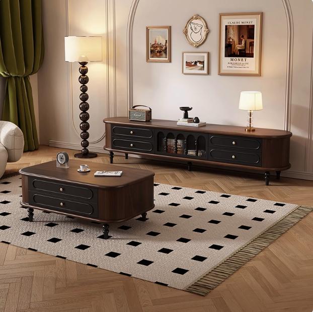 法式复古实木电视柜黑色美式客厅茶几电视机柜组合落地储物柜收纳