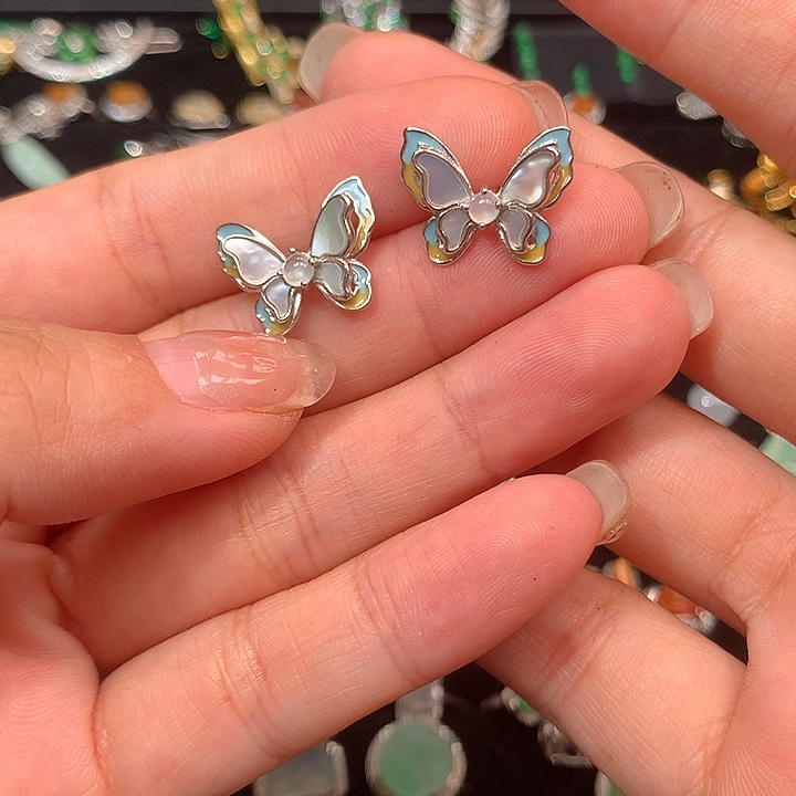 翡翠银S925镶嵌耳饰耳钉