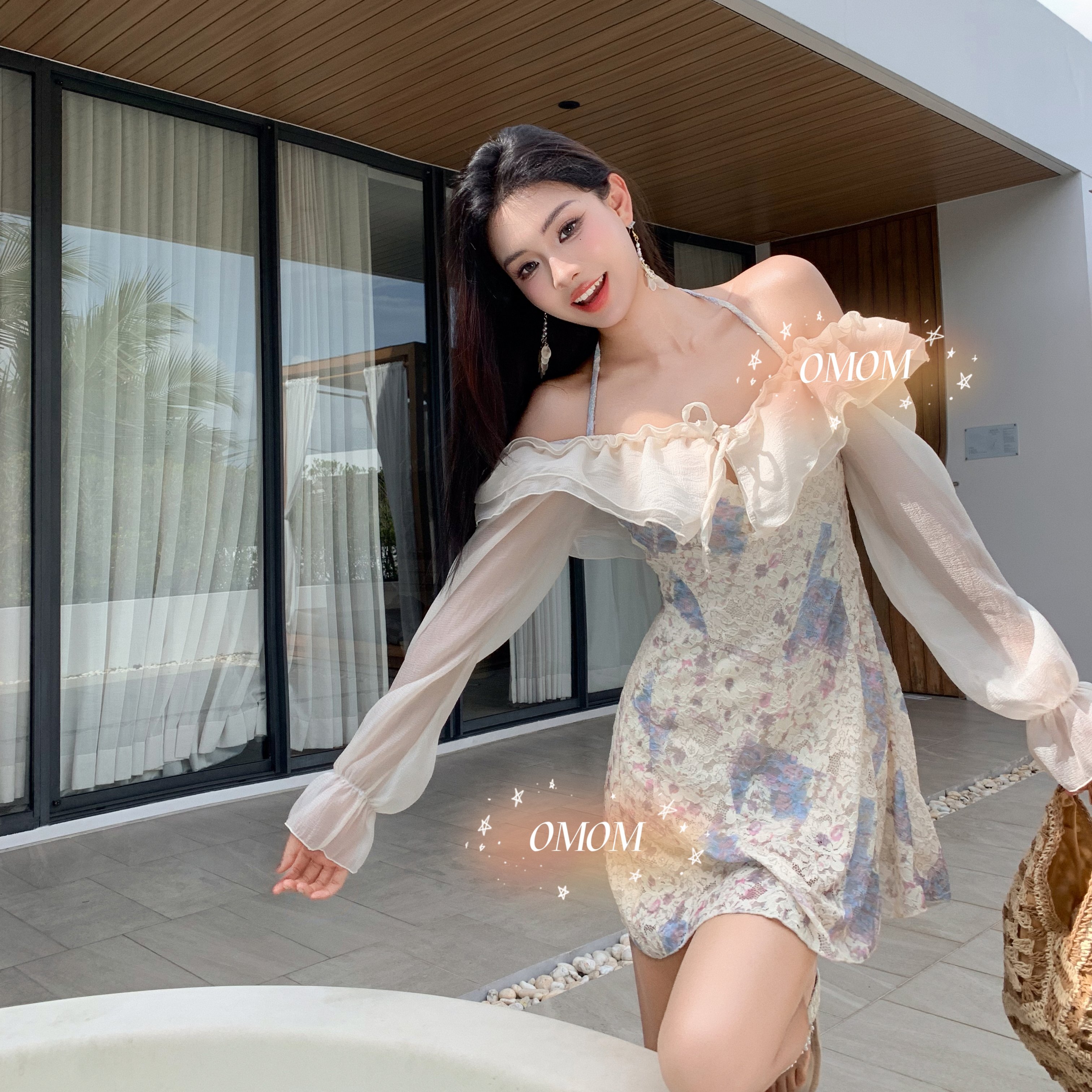 【奇迹天光】法式复古裙式泳衣两件套长袖显瘦泡温泉度假泳衣5121