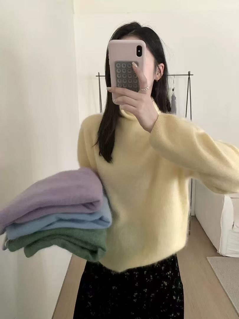 T1128 淡淡黄 韩系堆堆领羊毛羊绒亲肤针织套头女