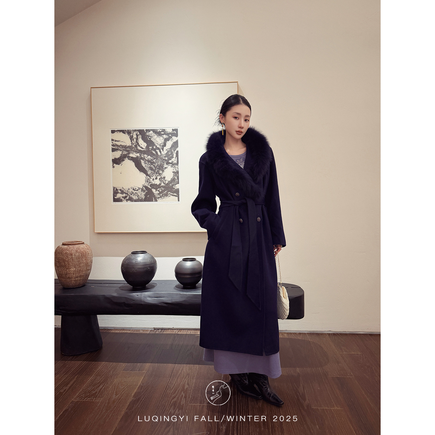 鹭青一原创【自飘零】860g羊绒狐狸毛翻领双面呢大衣L25D9084G