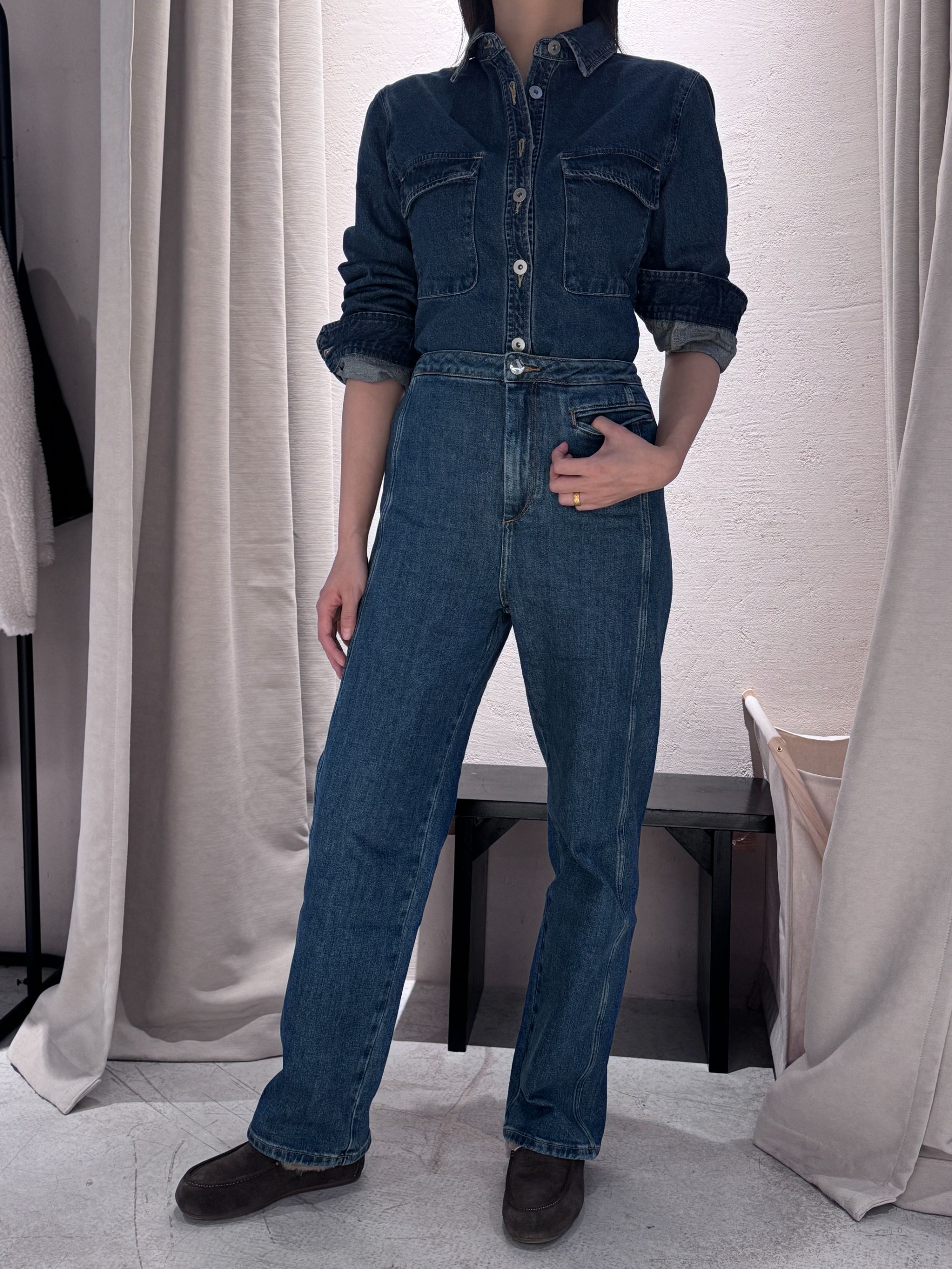 超直腿显瘦H型西裤剪裁复古蓝长牛仔裤