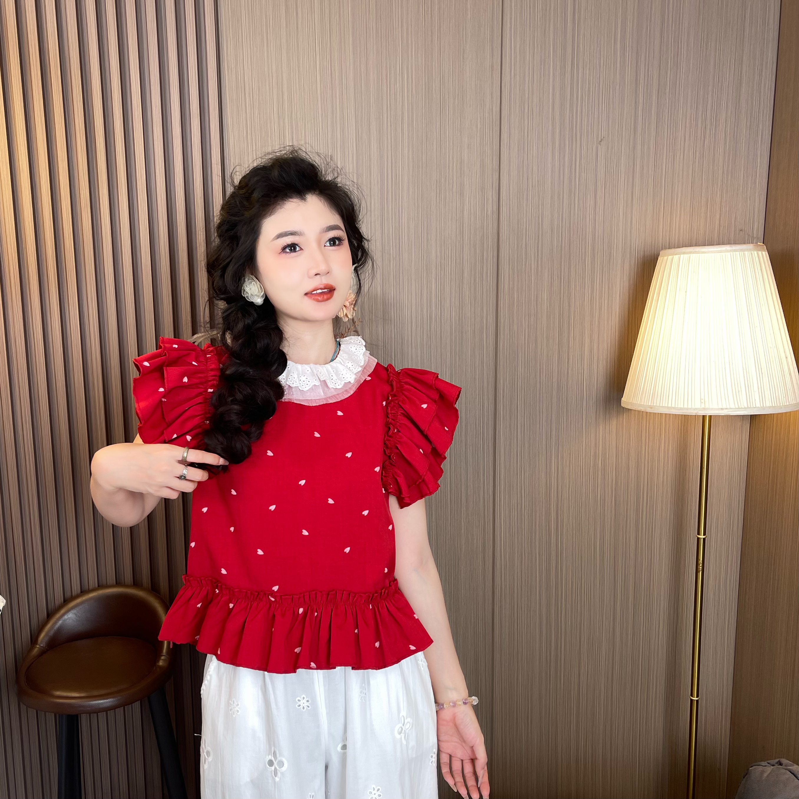 MUMU家【恋爱季节】设计款甜美浪漫爱心半袖花边上衣