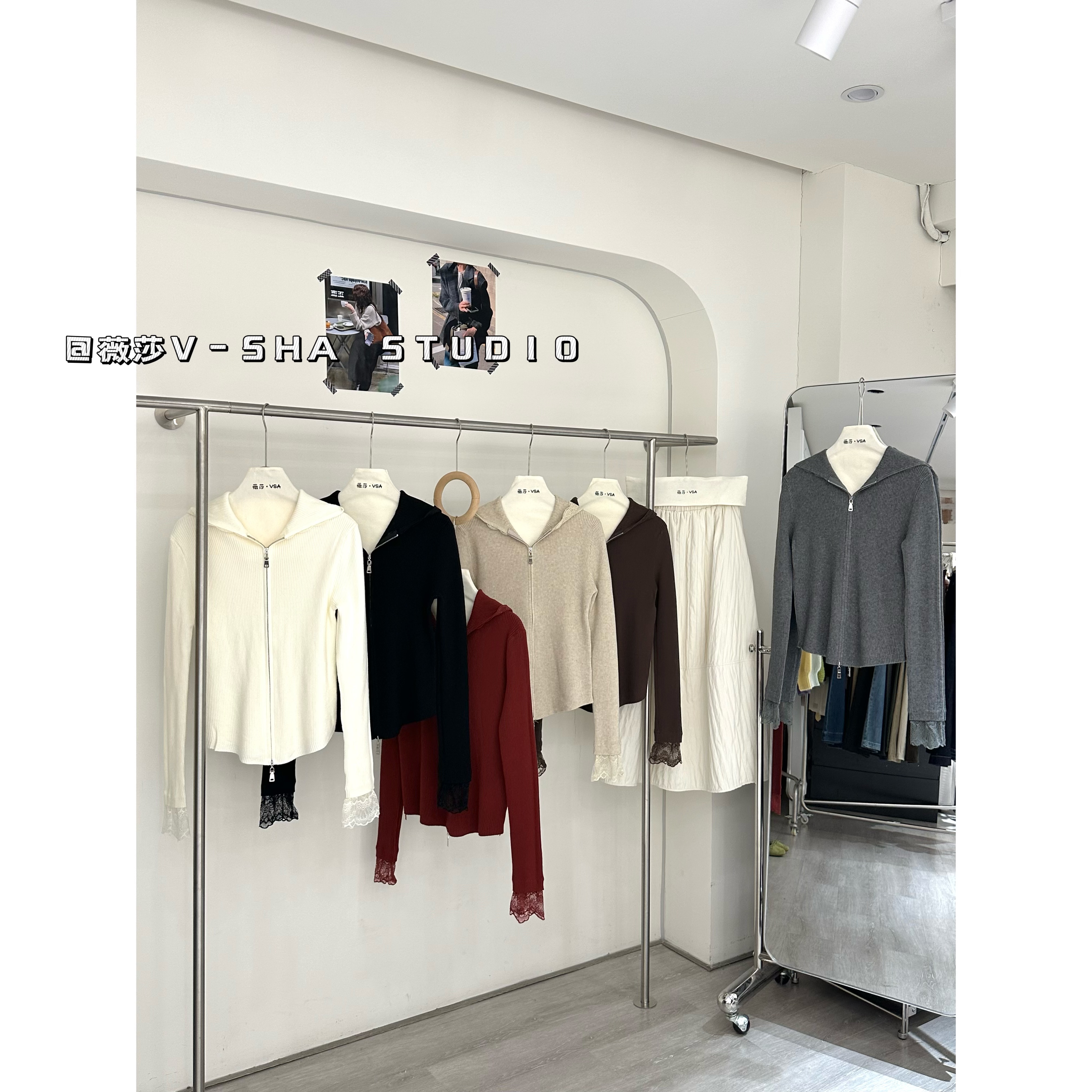 薇莎【现货】韩版时尚拼蕾丝连帽双向拉链开衫毛针织衫