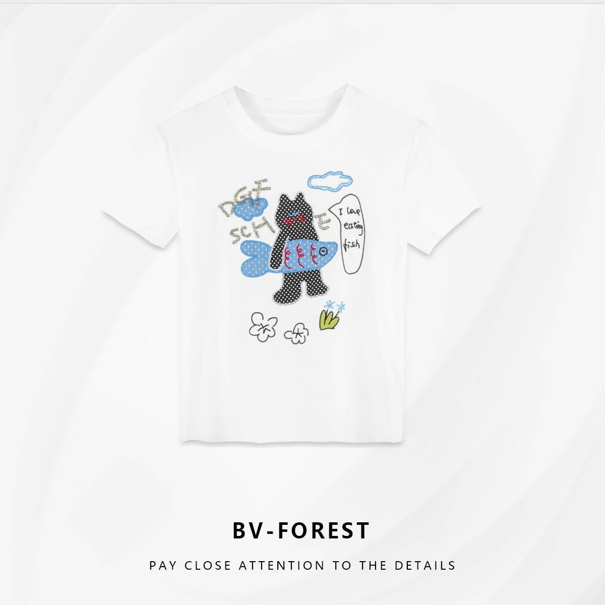 BV-FOREST“月光湖” 时尚圆领猫咪刺绣短袖T恤BV-T086