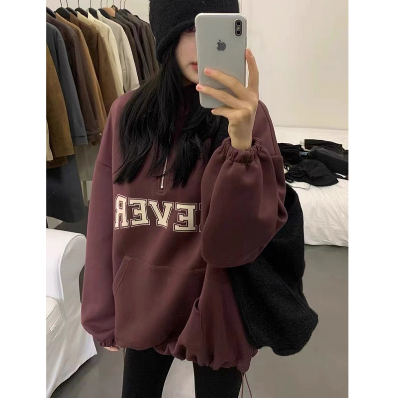 半拉链加绒字母长袖卫衣2025秋新款休闲百搭宽松显瘦上衣 1130-1