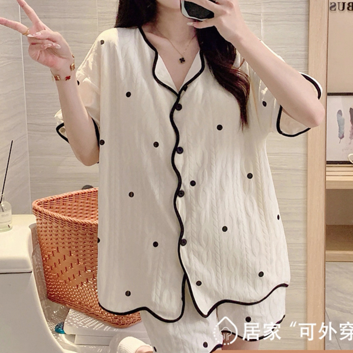 女士夏季带胸垫短袖开衫薄款纯棉韩版甜美可外穿家居服套装