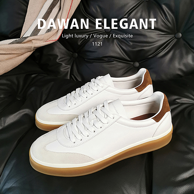 老钱风轻奢头层牛皮德训鞋真皮白色男鞋子休闲鞋板鞋高级感小白鞋