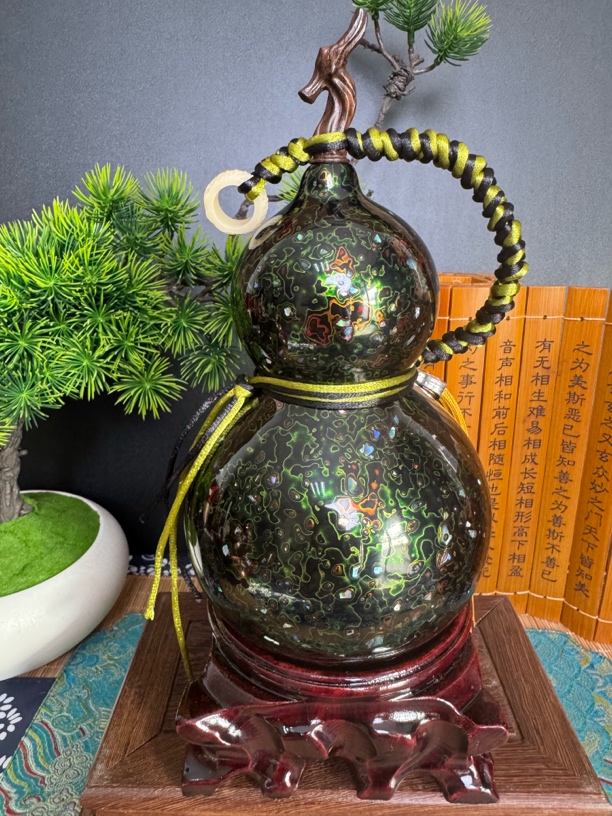 【壹葫 美景】绿宝金厚螺钿推光工艺 大漆酒葫芦仿古文玩摆件600ml