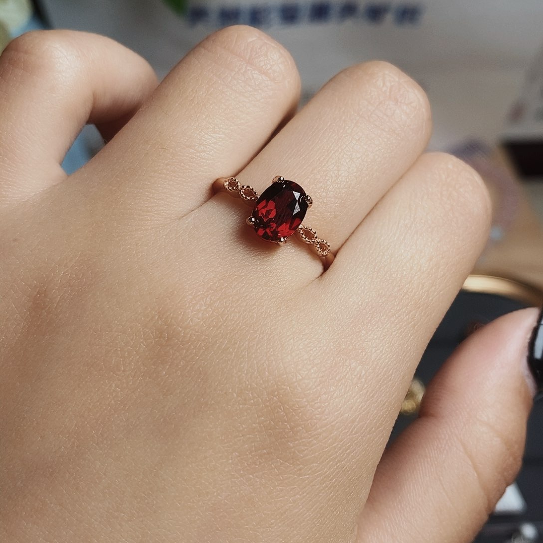 石榴石戒指银S925镶嵌220天然石榴石戒指