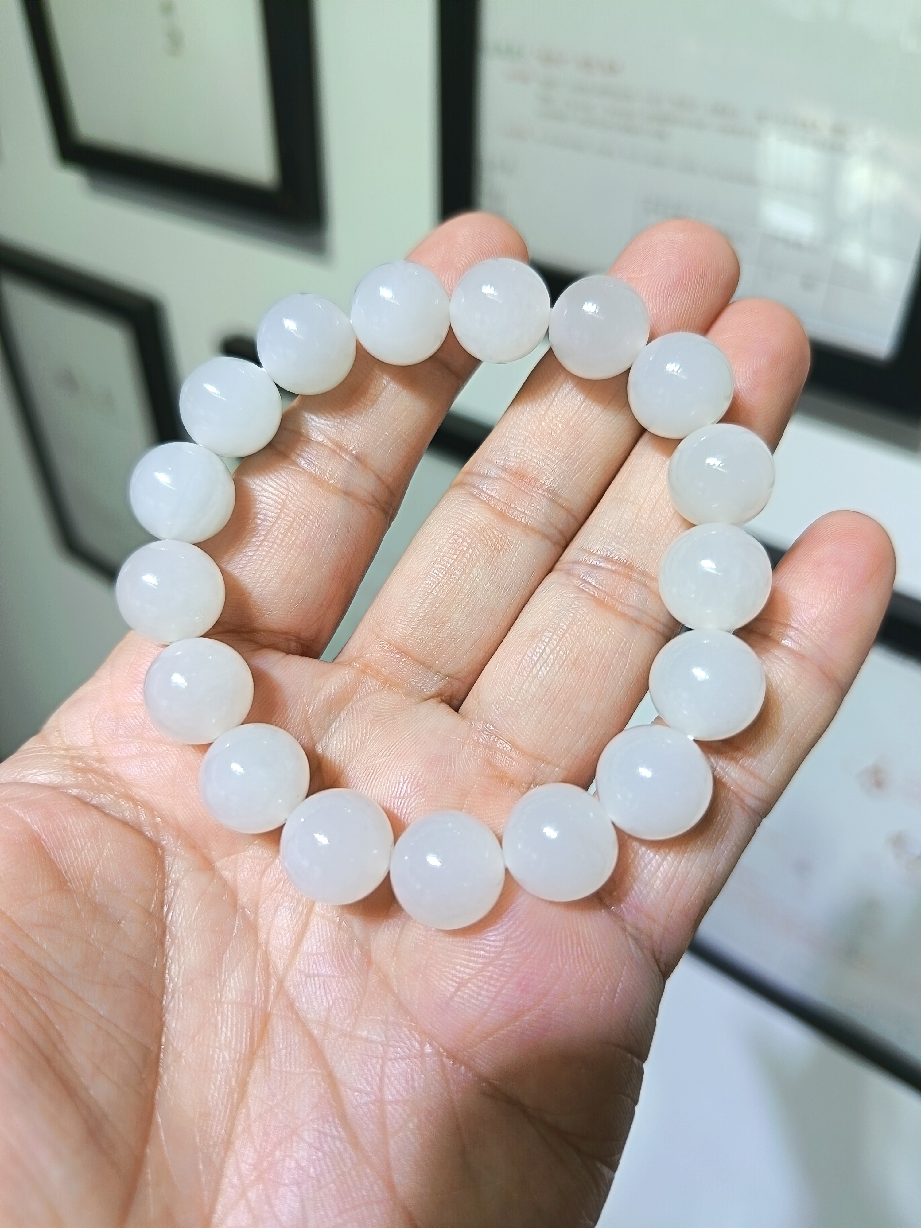 尚玉东方 和田冰底白玉卡12mm圆珠手串男女通戴款
