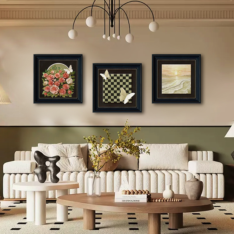 现代复古抽象客厅沙发背景墙三联组合画玫瑰海浪玄关小众艺术挂画