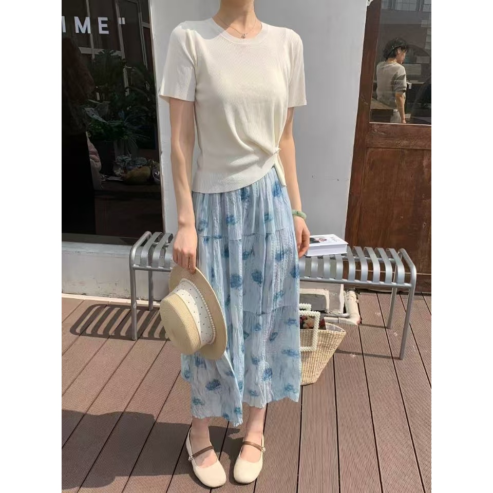 时尚短袖T碎花半裙两件套ZBT33446衣长54裙长86（卡码往大拍）