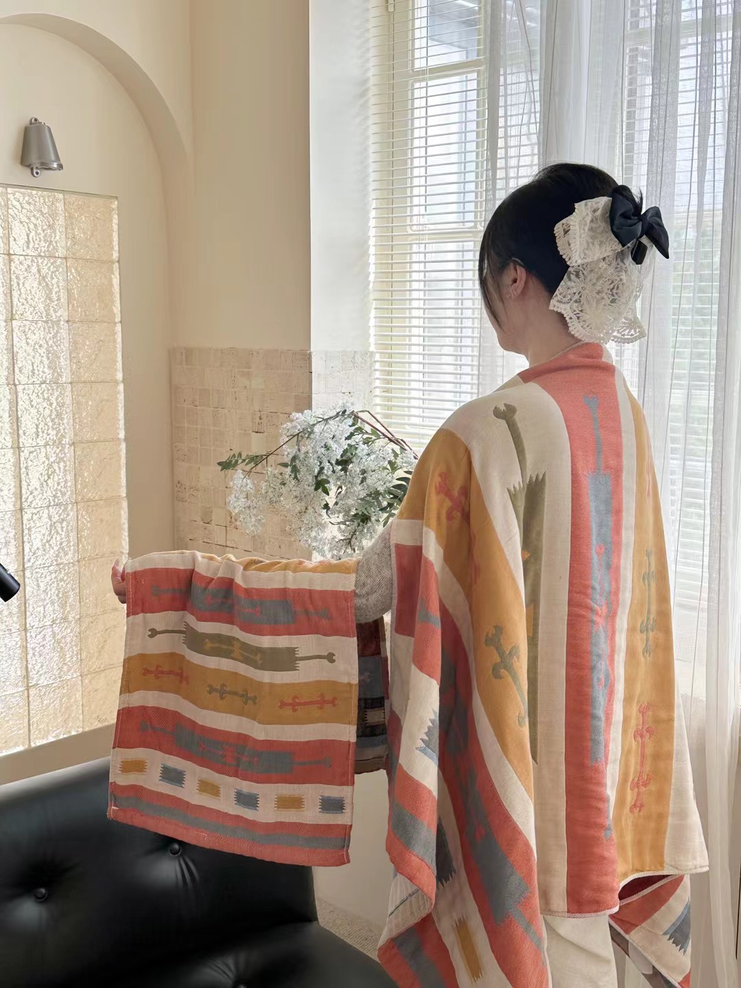 设计师原创色织提花彩棉浴巾加厚多功能小毯子办公室午休毯沙发巾