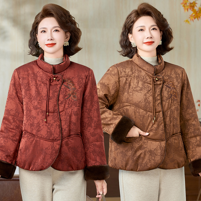 中老年高档新中式妈妈冬装棉服外套棉衣新款国风加绒加厚棉袄立领