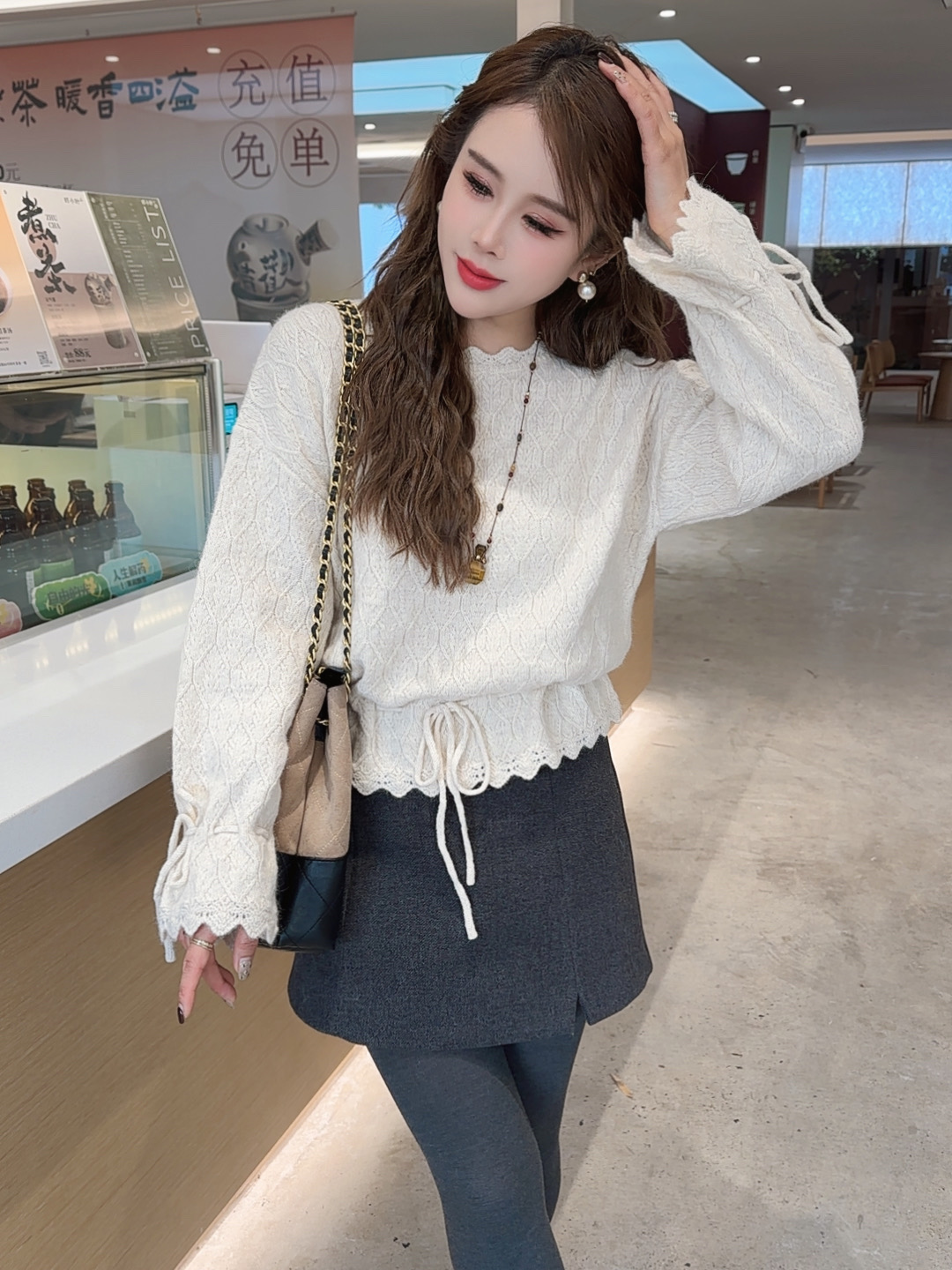 恰逢景梅子自留款冬款厚毛衣女韩系温柔设计感系带套头花边毛衣