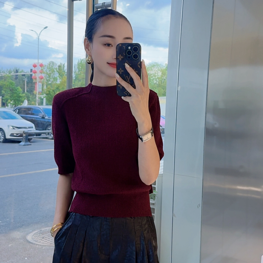短袖女短款秋季针织厚款毛针织衫半高领红色夏季上衣