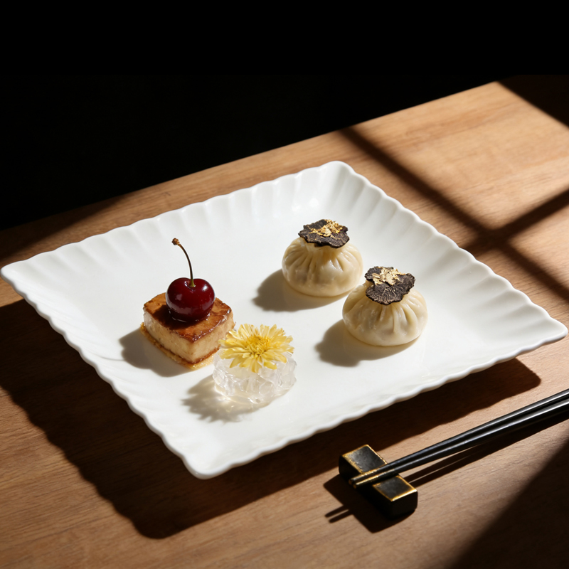莲花正方盘子家用陶瓷纯白菜盘子欧式方形点心盘西餐盘创意牛排盘