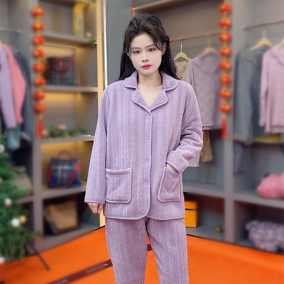 新款雪尼尔双面绒秋冬居家睡衣女套装家居服保暖时尚舒适加厚