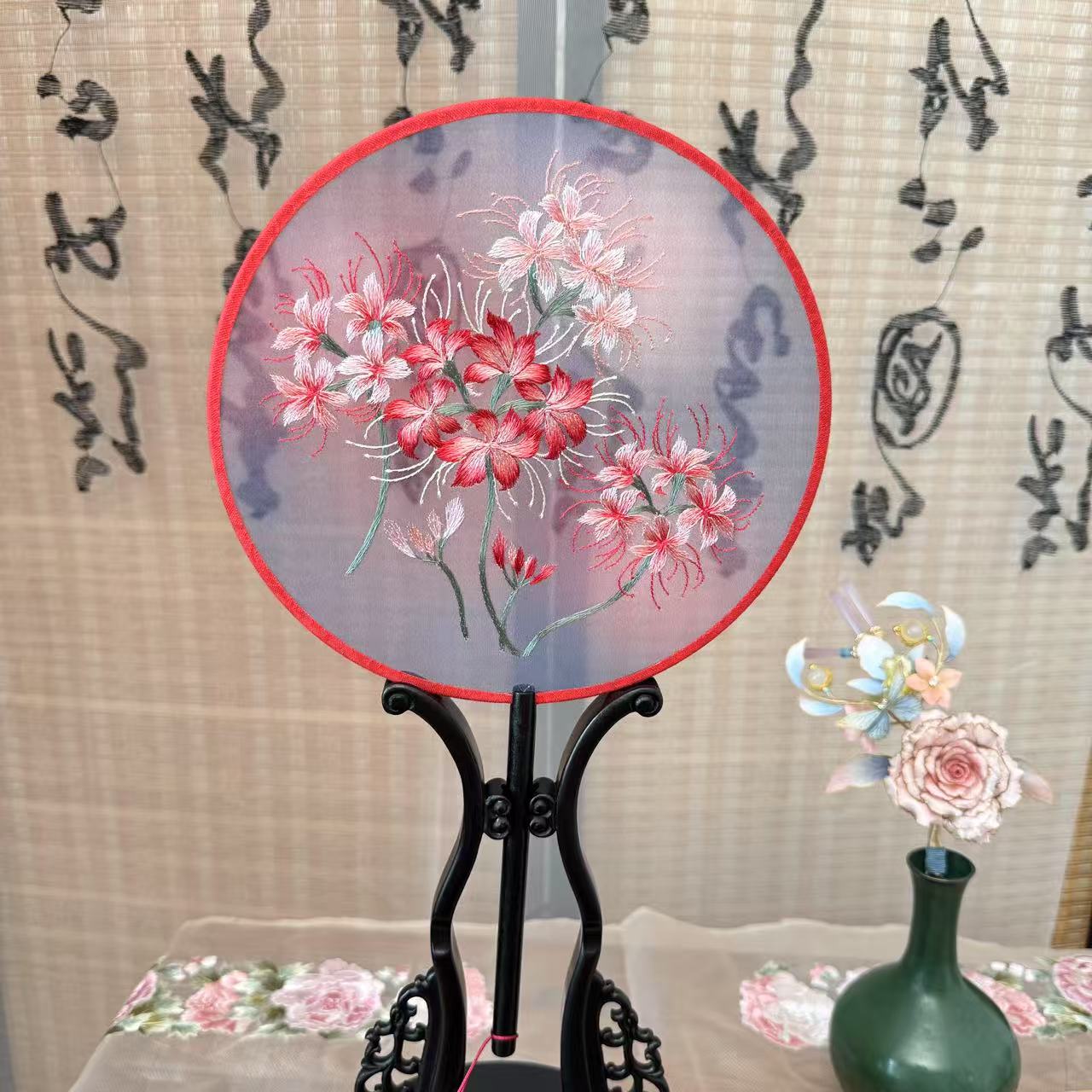 85彼岸花 苏绣双面绣古风汉服新中式旗袍跳舞走秀夏季圆形扇子