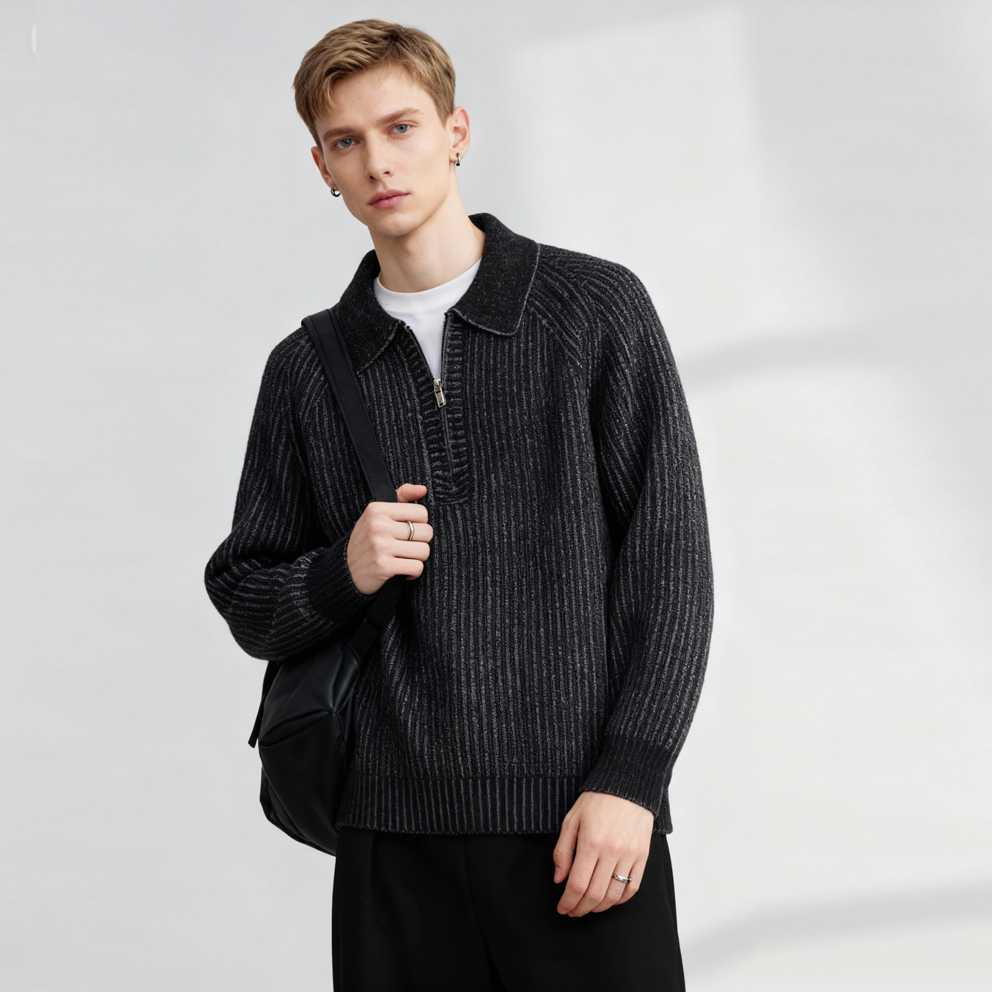 半拉链翻领套头毛衣男秋冬季宽松高级感轻奢痞帅老钱风针织衫上衣