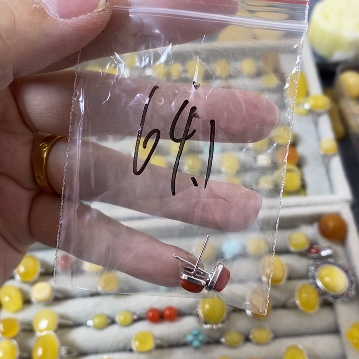 蜜蜡裸石银S925镶嵌耳钉