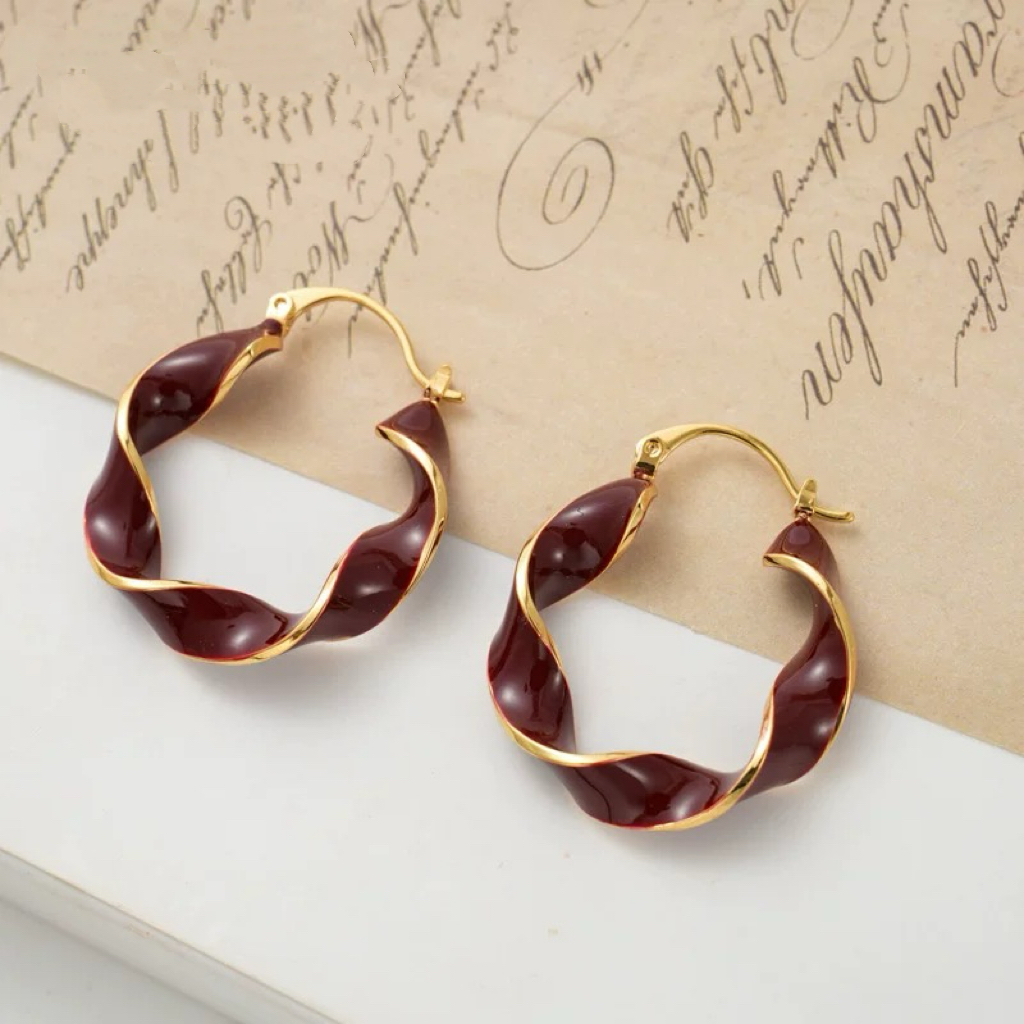 铜合金耳饰 气质原创设计精致百搭红色滴油麻花气质耳圈耳环-E027