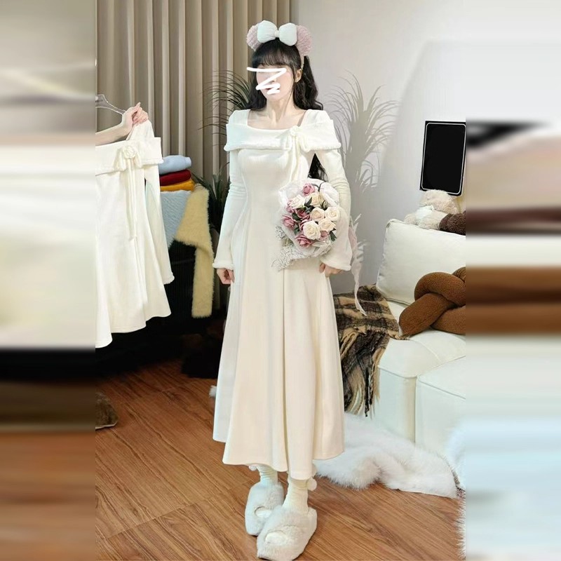 【素夕】过年千金风穿搭法式连衣裙子女秋冬季搭毛衣裙D4124