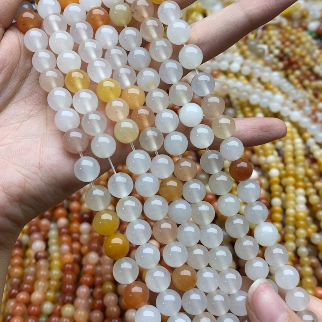 未镶嵌玛瑙/玉髓珠宝半成品一条纯天然白体金丝玉圆珠8mm