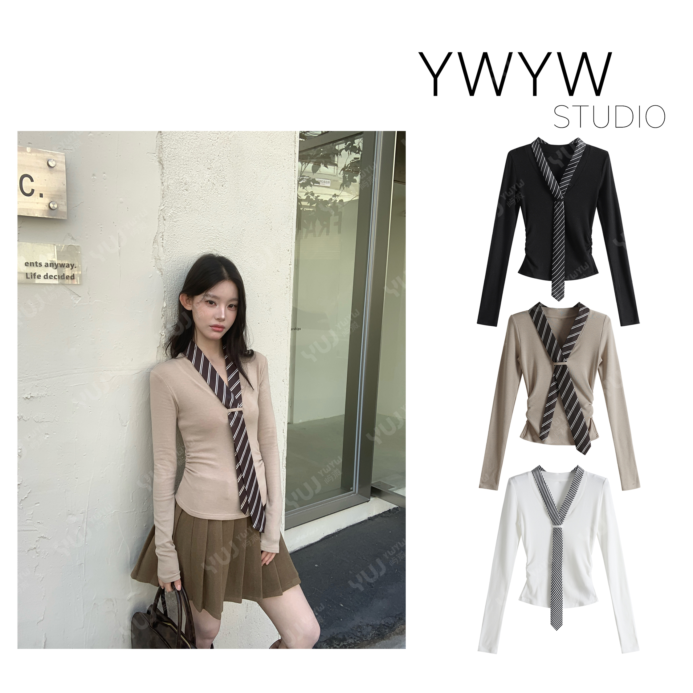 【YWYW25F/W】条纹领带配饰V领修身长袖打底体恤衫5823